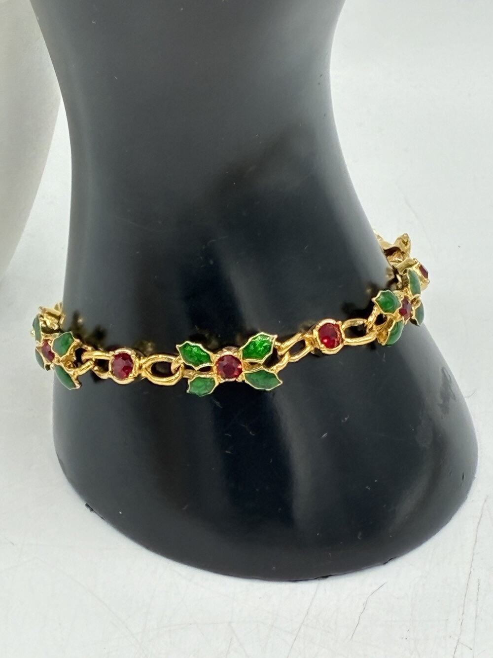 Vintage Holly Berry Bracelet Green Enamel Red Rhinestone Gold Tone Christmas
